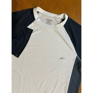 Speedo Swim Shirt Men's Large Block The Burn Navy Short Sleeve Swim Rashguard